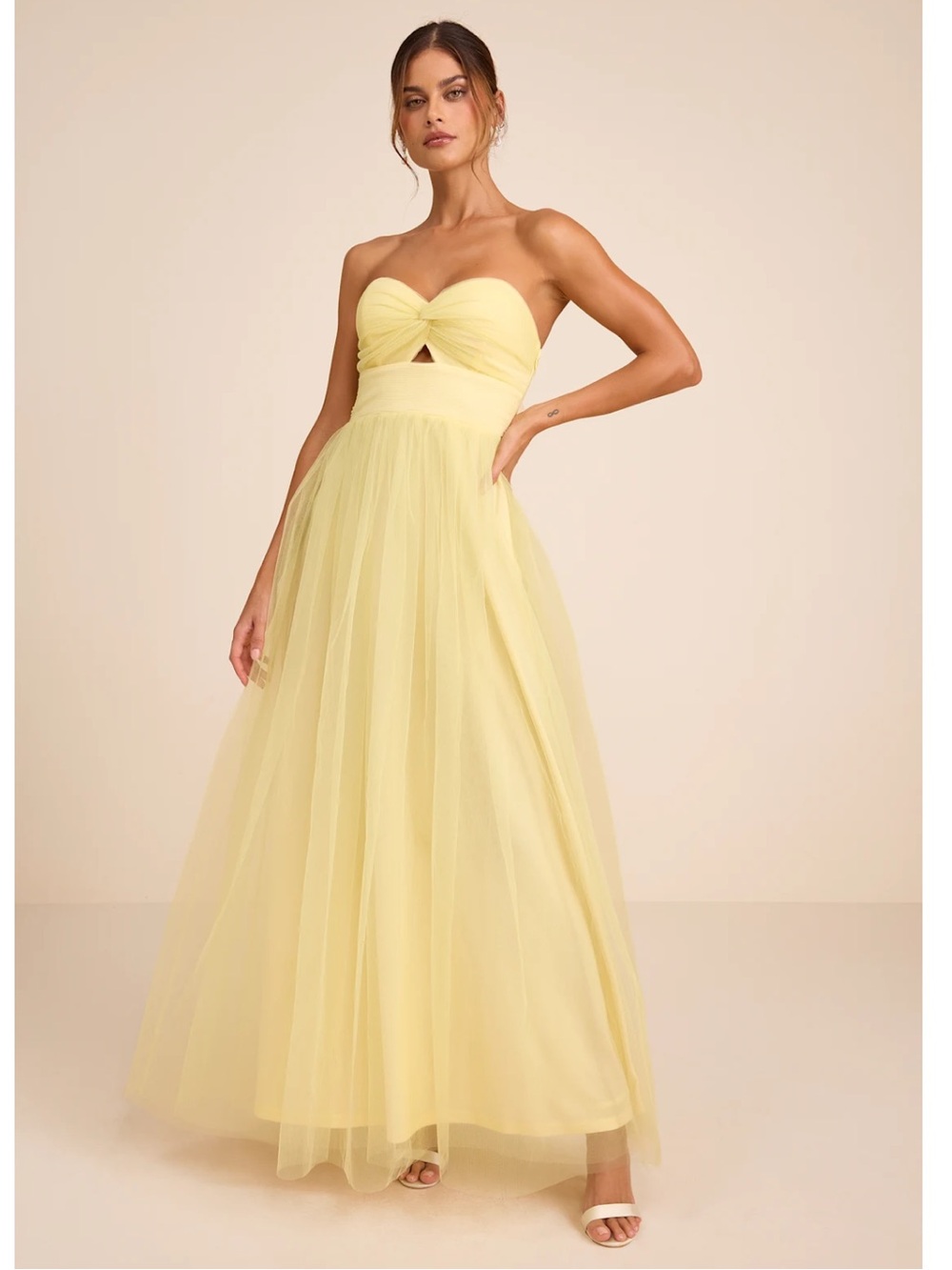 Lulus Sapphira Pale Yellow Tulle-Mesh Strapless Cutout Maxi Dress Event Formal